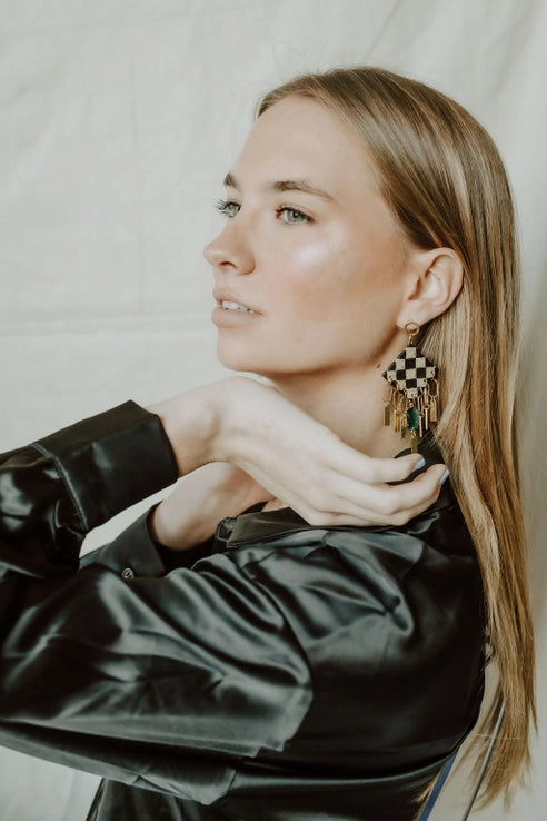 Speckled Checkerboard Tassel Earrings