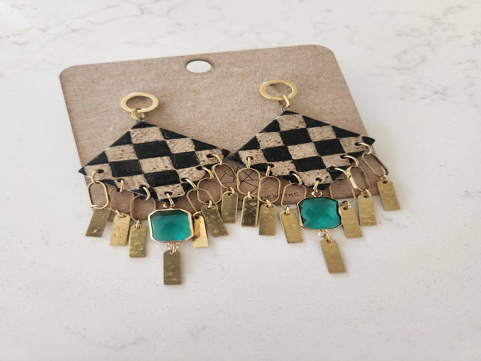 Speckled Checkerboard Tassel Earrings