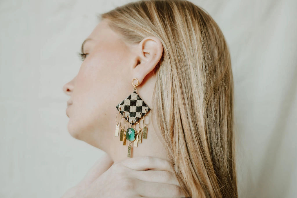 Speckled Checkerboard Tassel Earrings