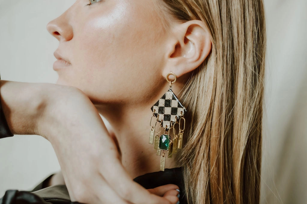 Speckled Checkerboard Tassel Earrings
