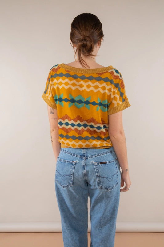 Boat Neck Off Shoulder Print Hacci Top