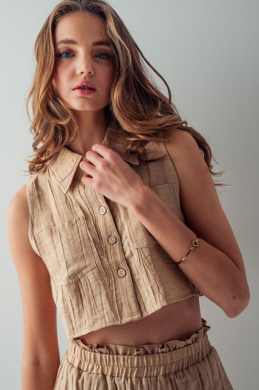 Collar Crinkle Texture Crop Top