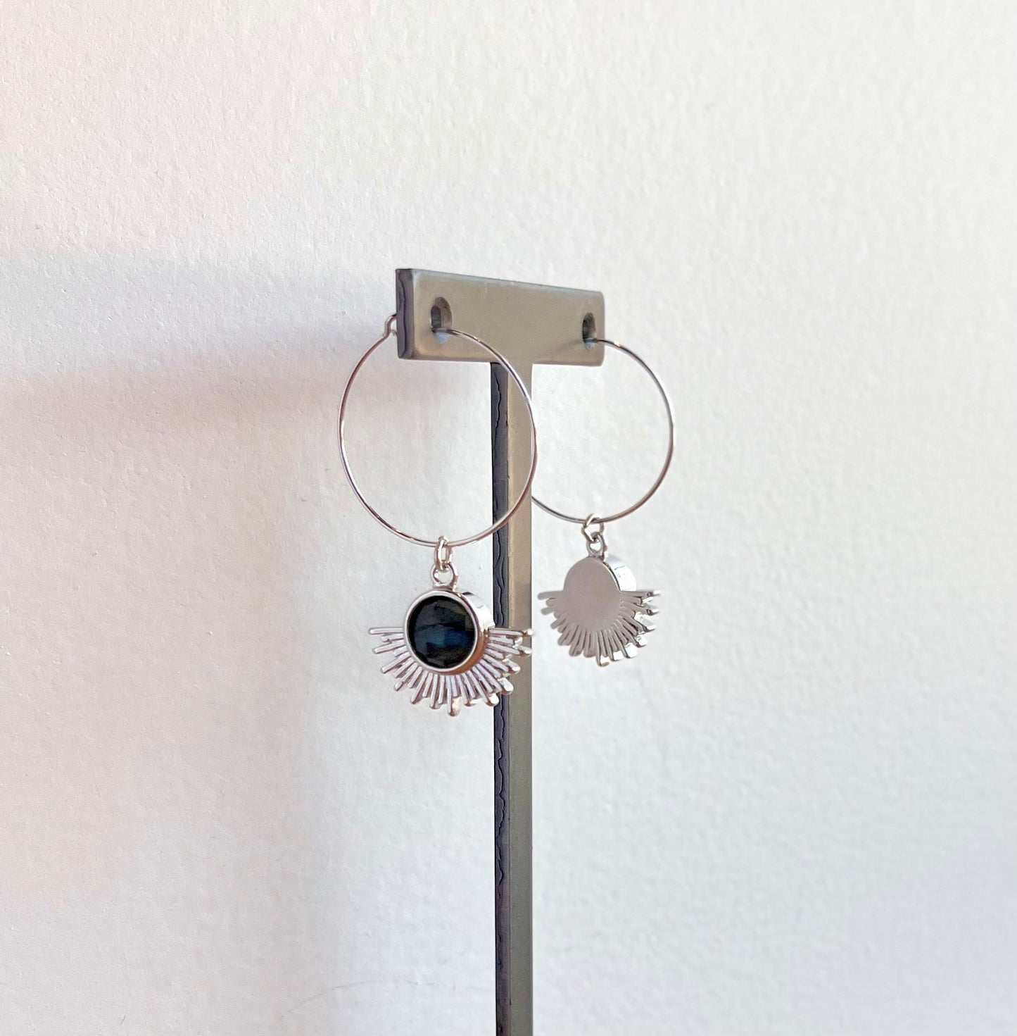 Silver Hoops With Onyx Sunburst Earrings