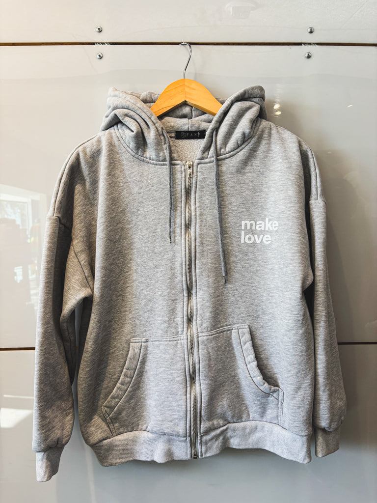 Make Love gray zip up - upcycled