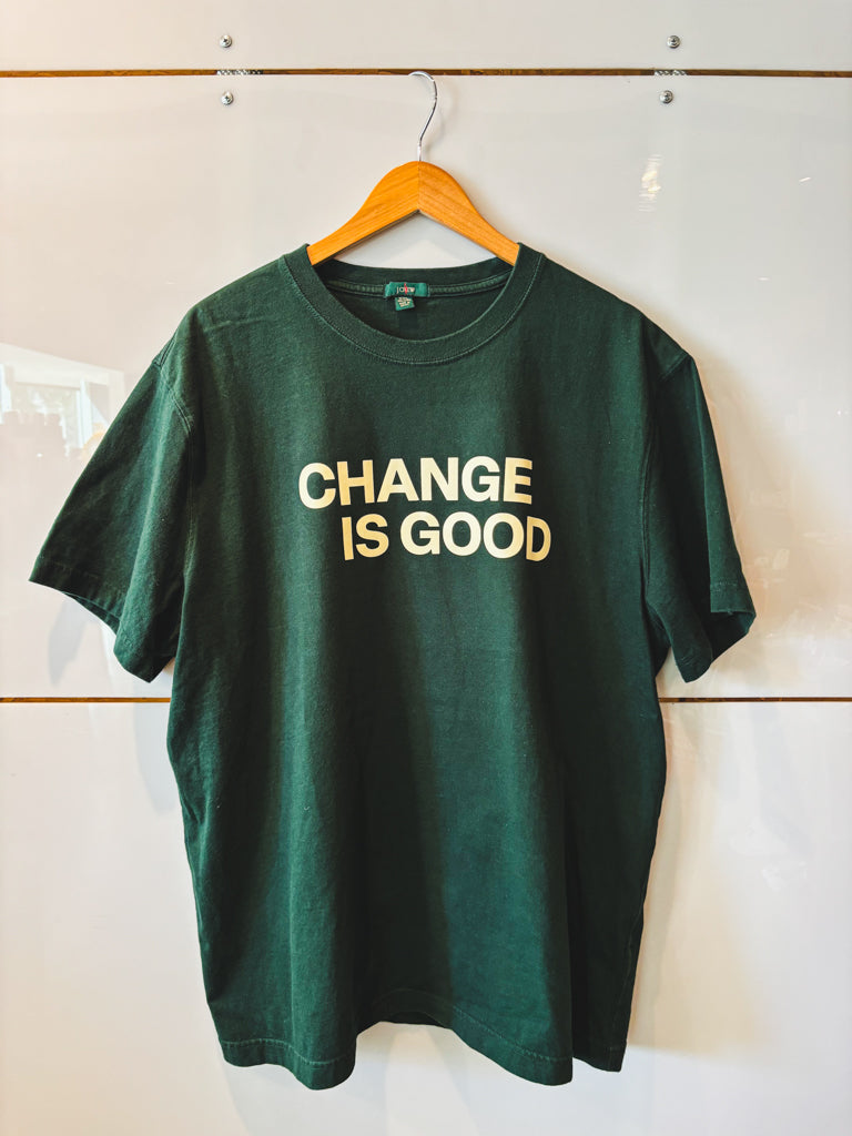 Change is Good hunter green w/cream ink s/s tee - upcycled