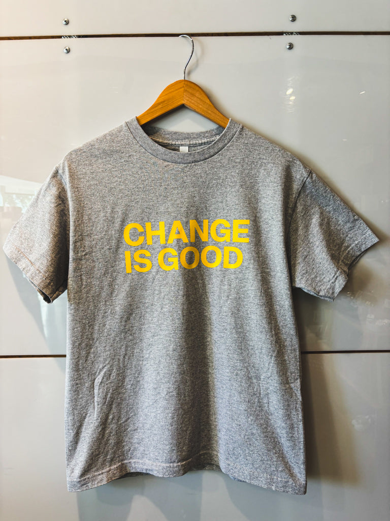 Change is Good heather gray with yellow lettering s/s tee - upcycled