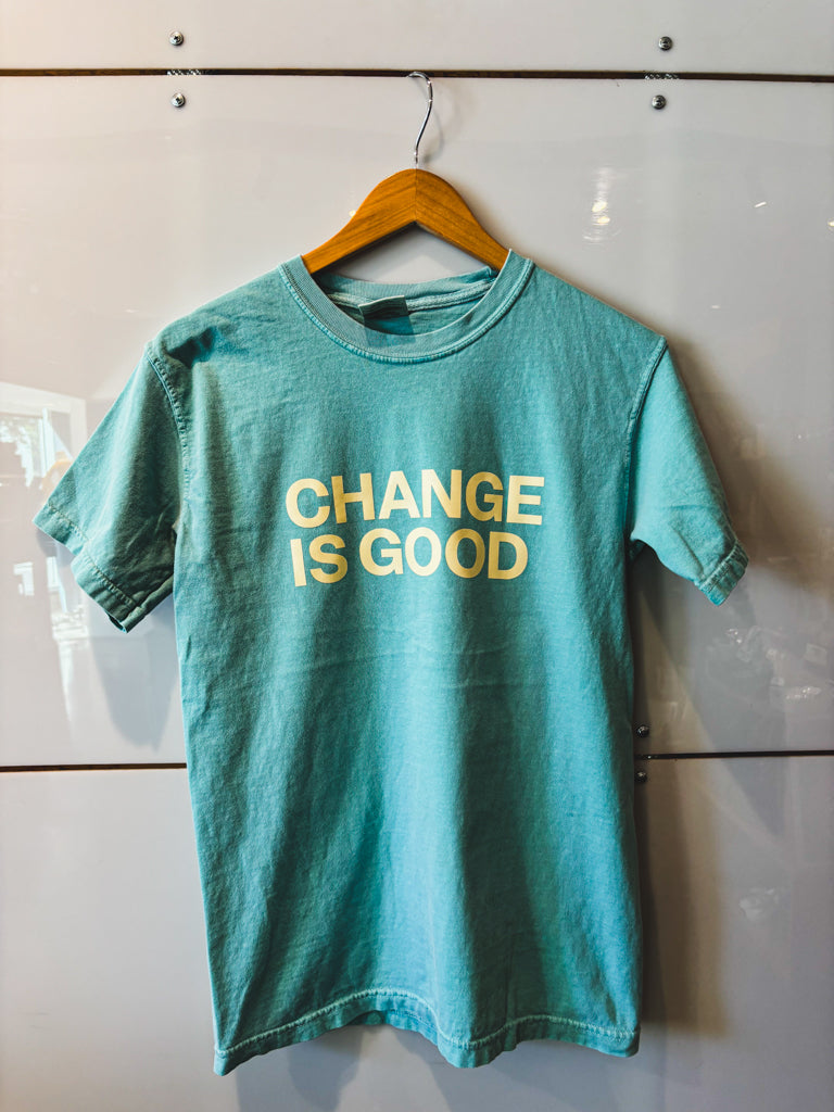 Change is Good seafoam w/cream lettering s/s tee - upcycled