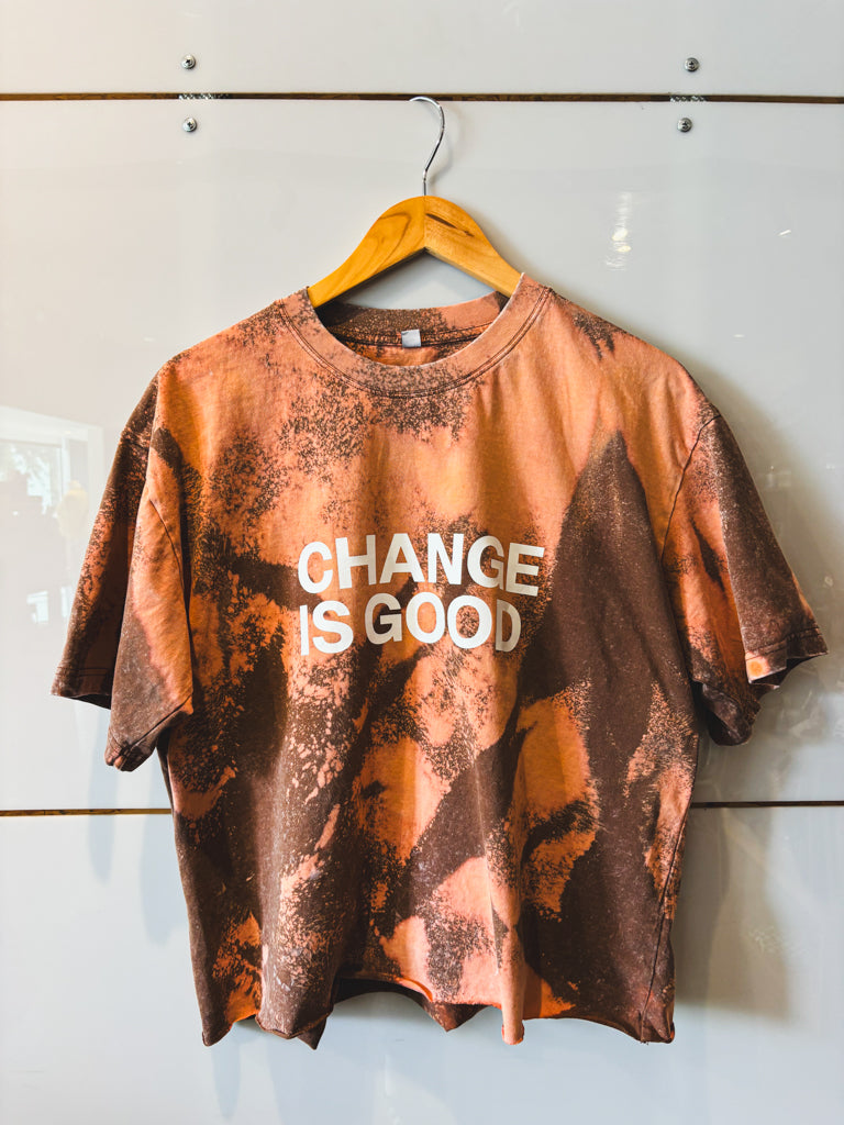 Change is Good chocolate with bleach splatter cropped s/s tee - upcycled