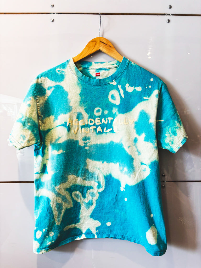Accidentally Vintage turquoise with bleach splatter and cream design - upcycled