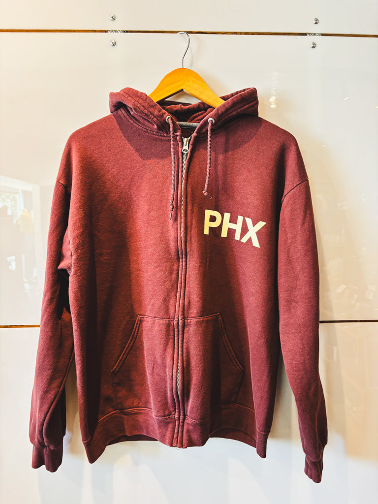PHX maroon zip hoodie with cream design - upcycled