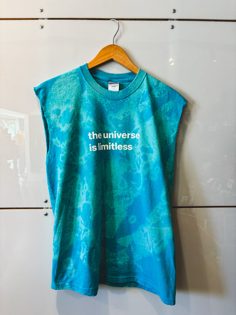 The Universe is Limitless turquoise bleach splatter sleeveless tee - upcycled