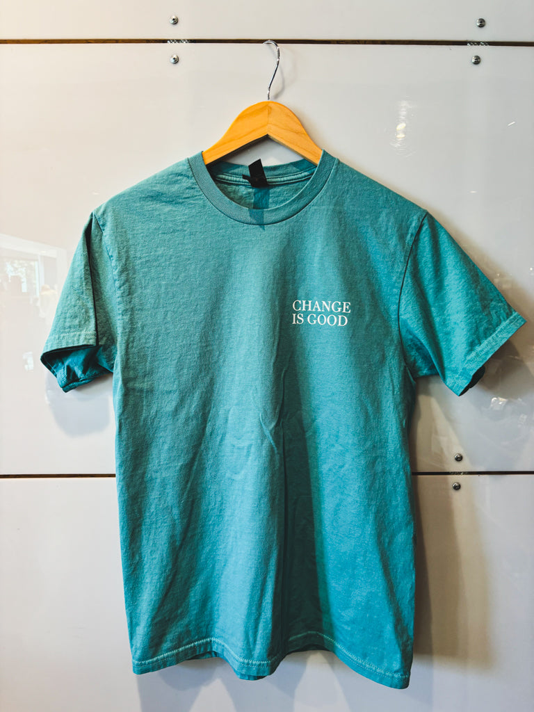 Change is Good small serif seafoam s/s tee - upcycled