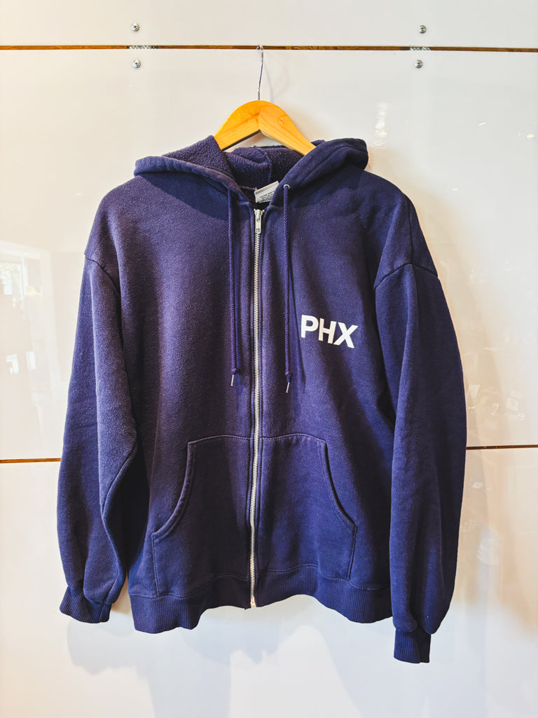 PHX navy zip hoodie with white design - upcycled
