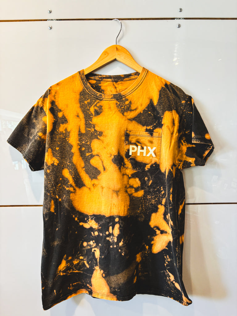 PHX bleach splatter black tee with cream design - upcycled