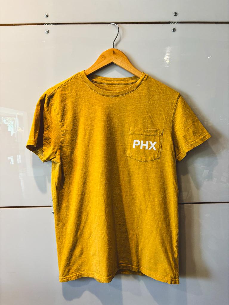 PHX mustard pocket s/s tee with white design - upcycled