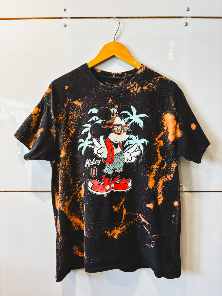 Mickey Mouse Peace Sign black bleach splatter s/s tee - previously loved