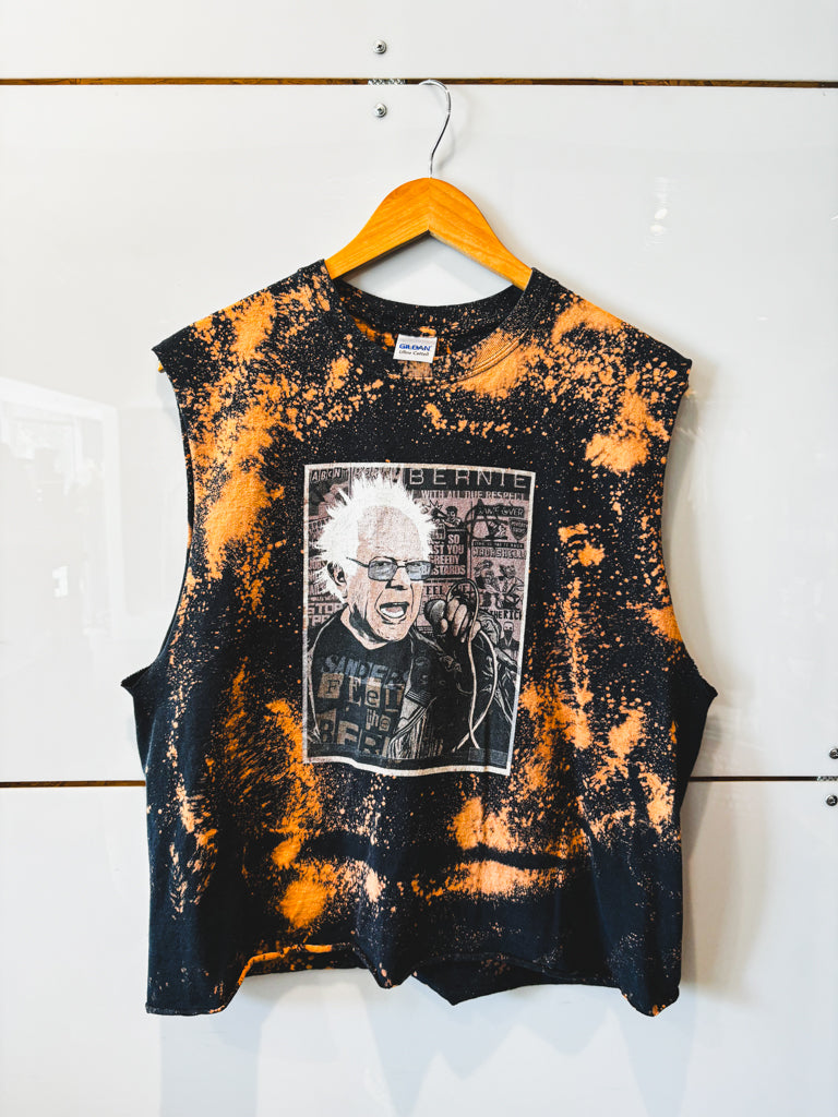 Punk Bernie Sanders black bleach splatter cut-off sleeve tee - upcycled