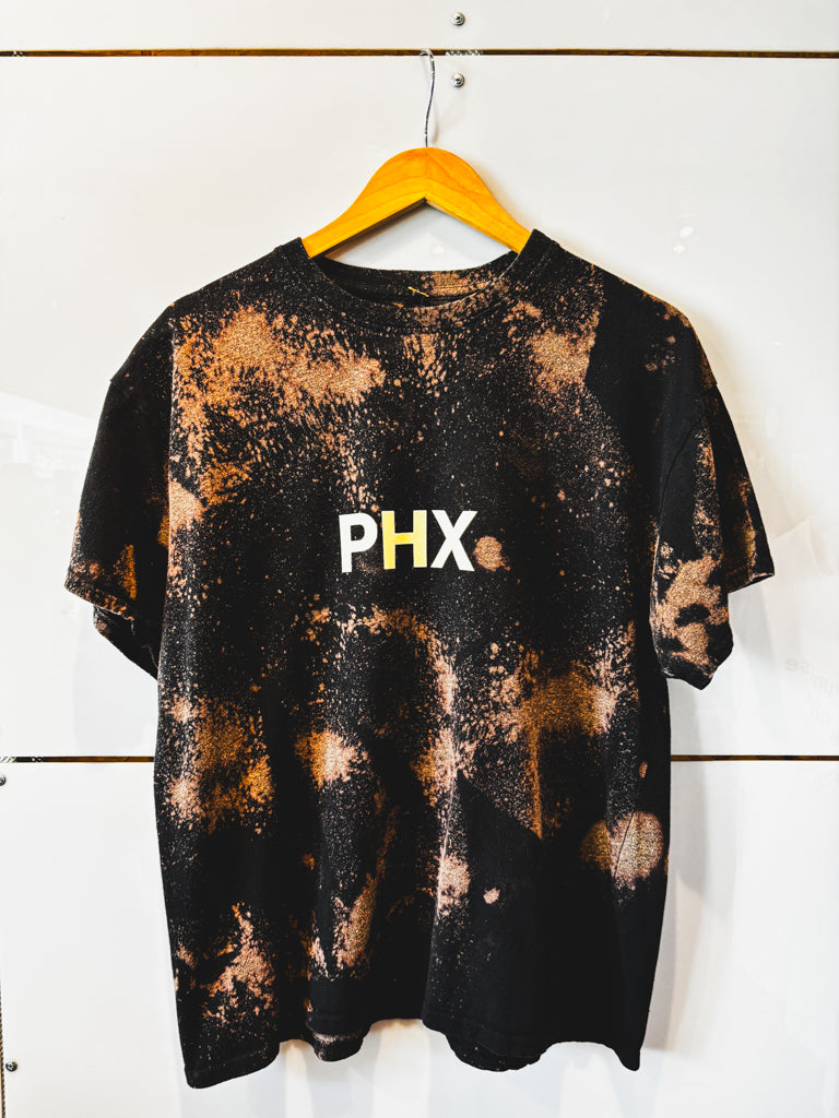PHX black w/ cream design bleach splatter cropped tee - upcycled