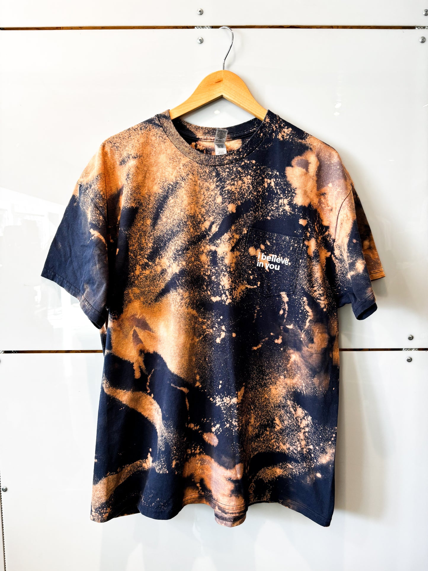 I Believe In You bleach splatter pocket tee - upcycled