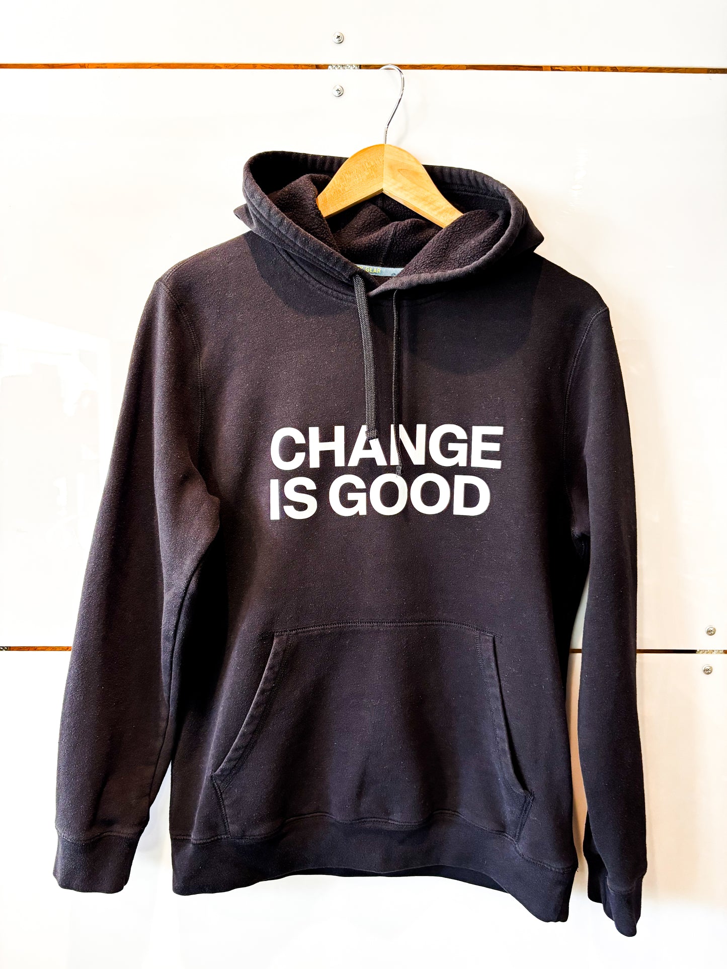 Change is Good serif black zip hoodie- upcycled