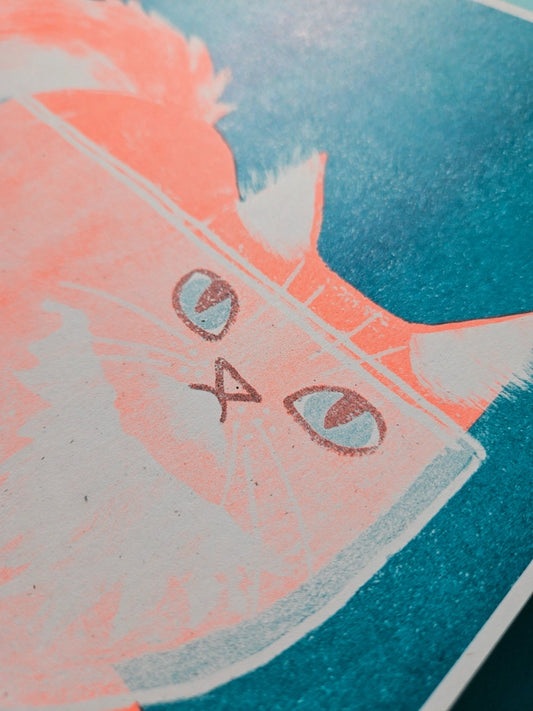 Orange Cat in A Bowl Risograph Art Print