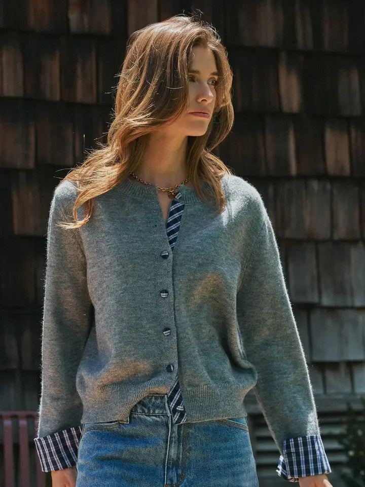 Plaid Trim Layered Button Cardigan Sweater
