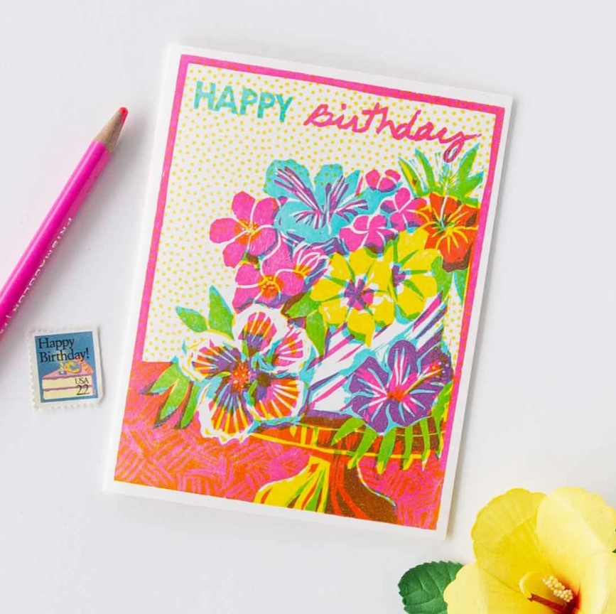 Happy Birthday Tropical Floral Cake Letterpress Card