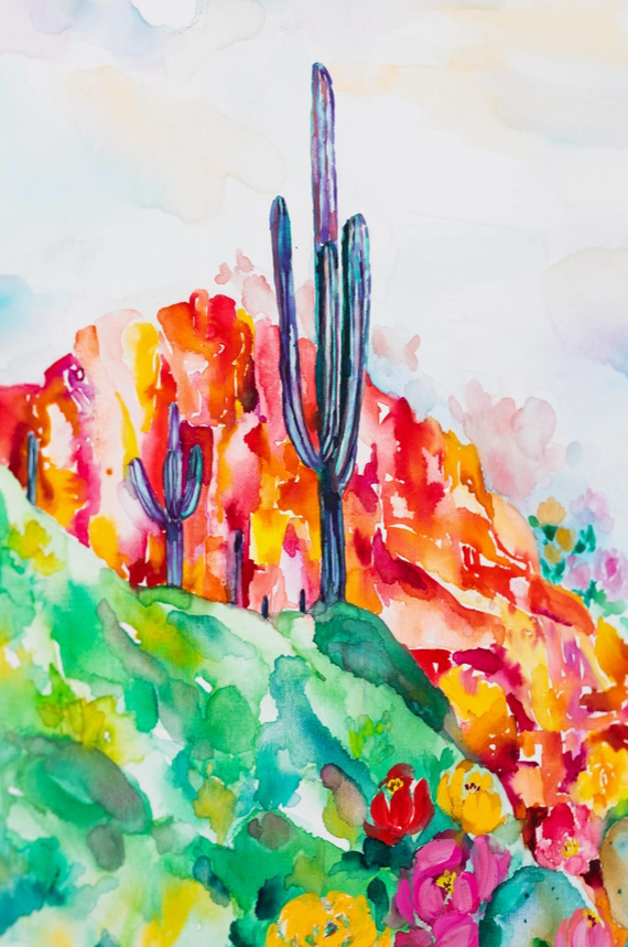 Prickly Pear Flowers Red Rock Saguaro Watercolor Print 8X12