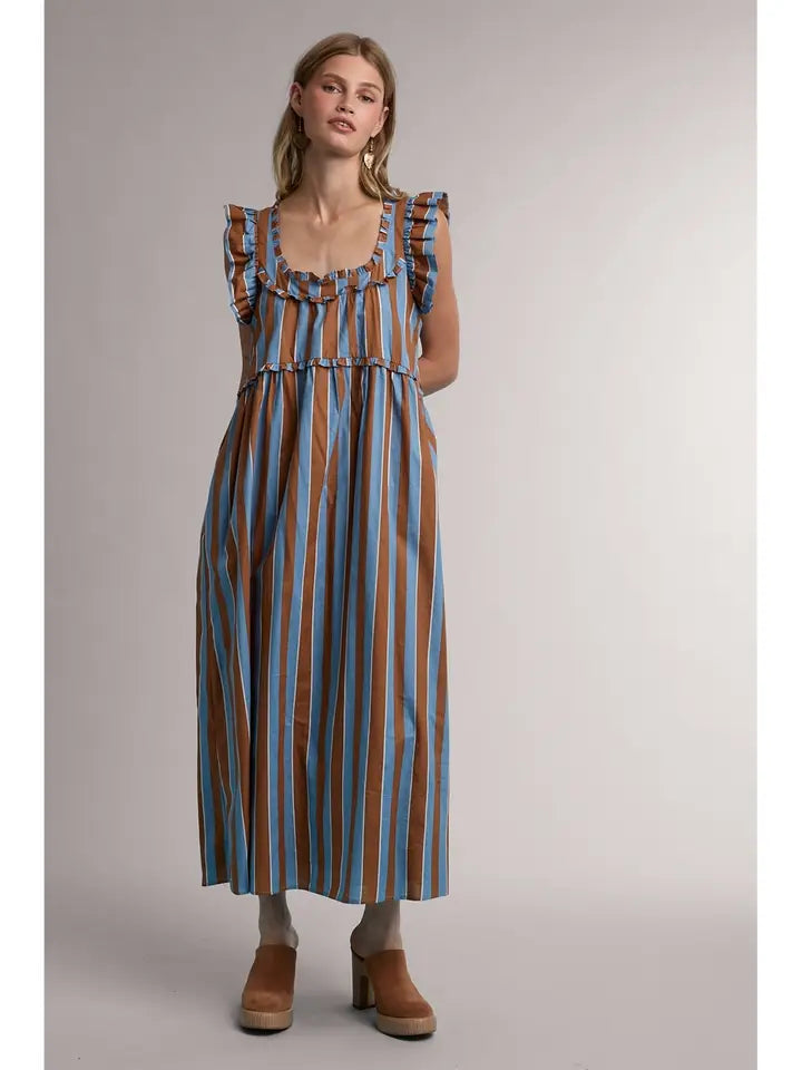 Striped Ruffle Detail Midi Dress with Pockets