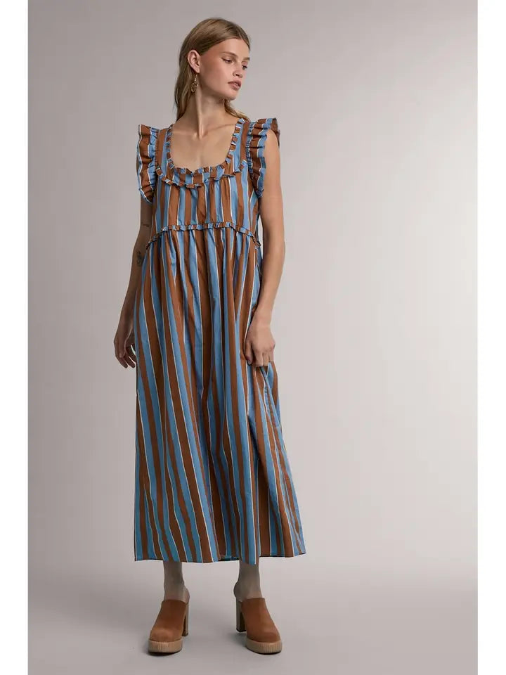Striped Ruffle Detail Midi Dress with Pockets
