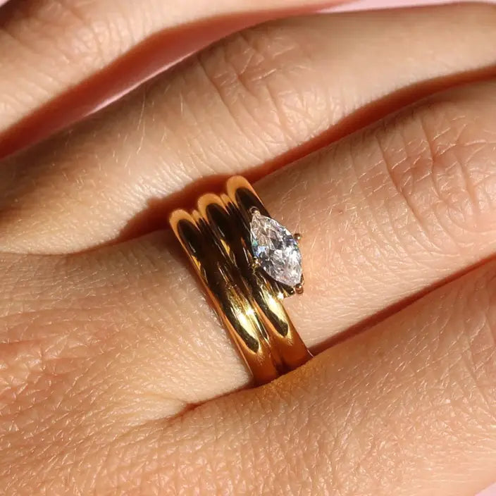 Wrapped Marquee Diamond Stainless Steel Coil Ring 14K