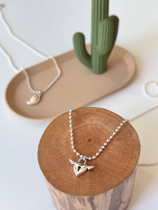 Winged Heart Lock Charm Necklace