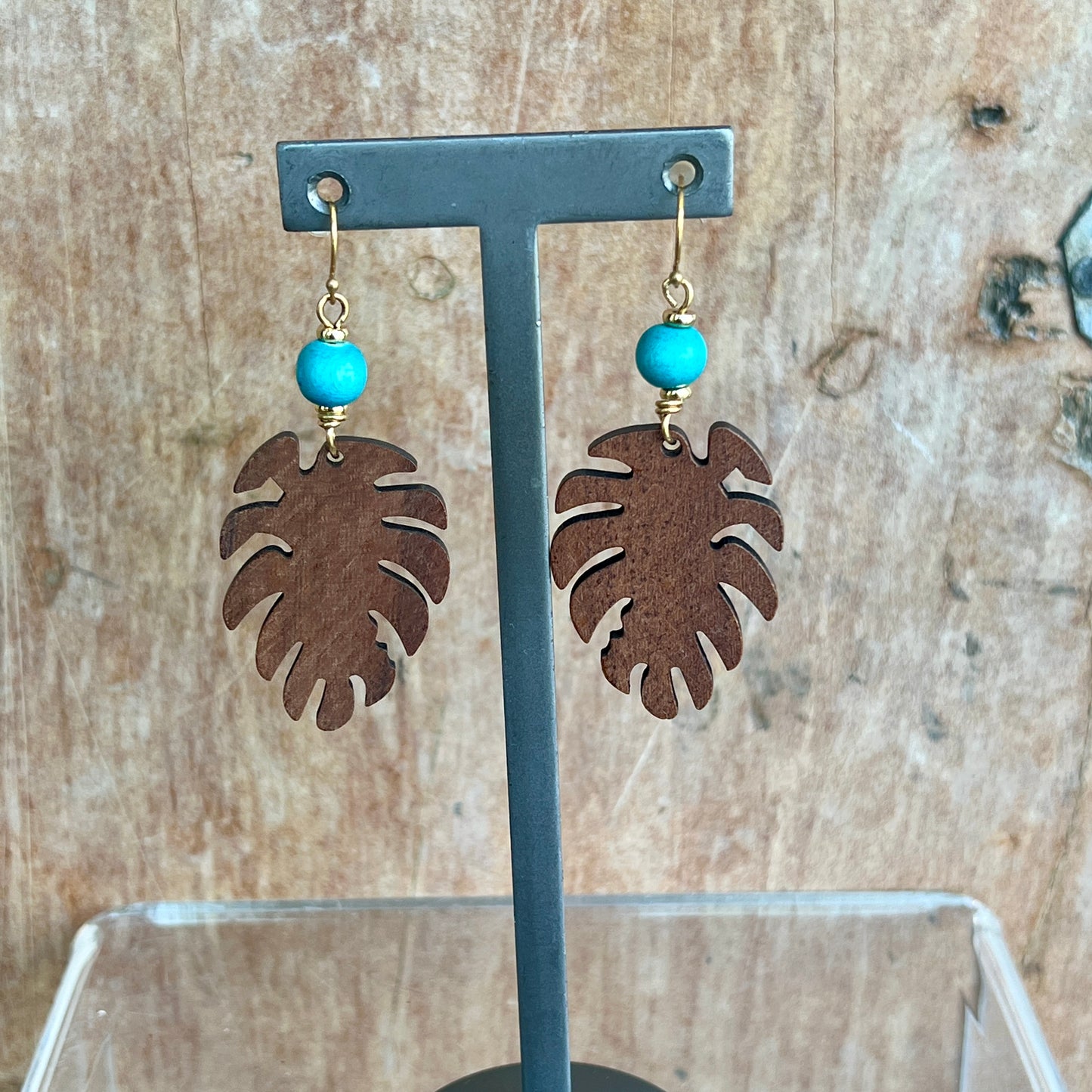 Wood Monstera Earrings