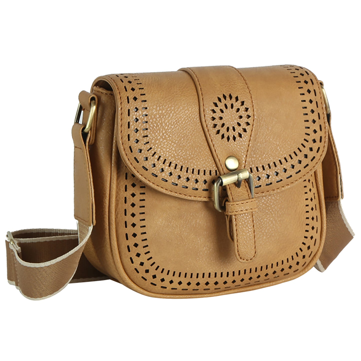 Laser Cut Printed Buckle Flap Crossbody Bag