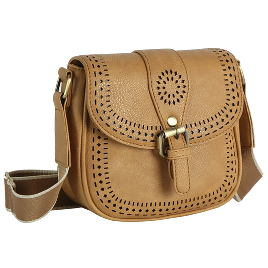 Laser Cut Printed Buckle Flap Crossbody Bag