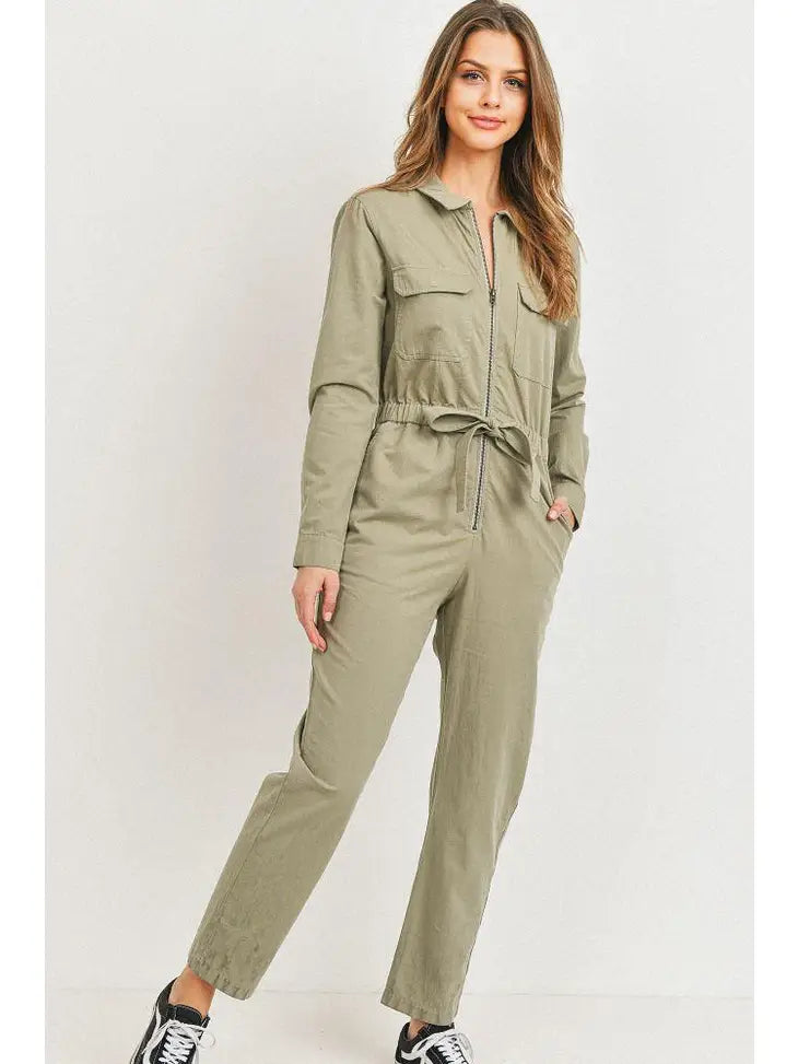 Zip Front Long Sleeve Collar Jumpsuit