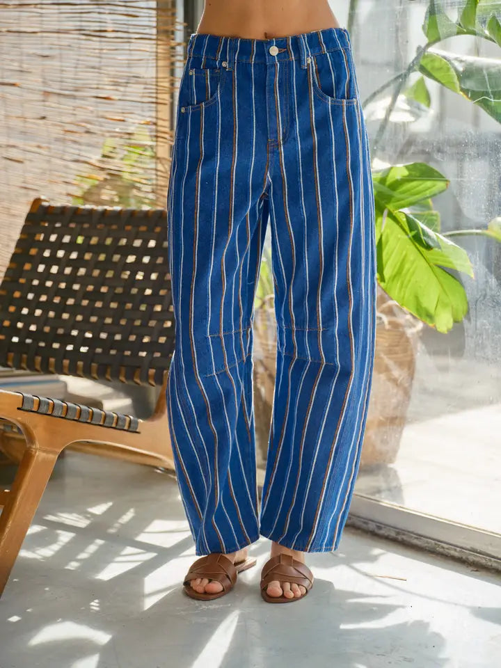 Brushed Stripe Denim Barrel Pants