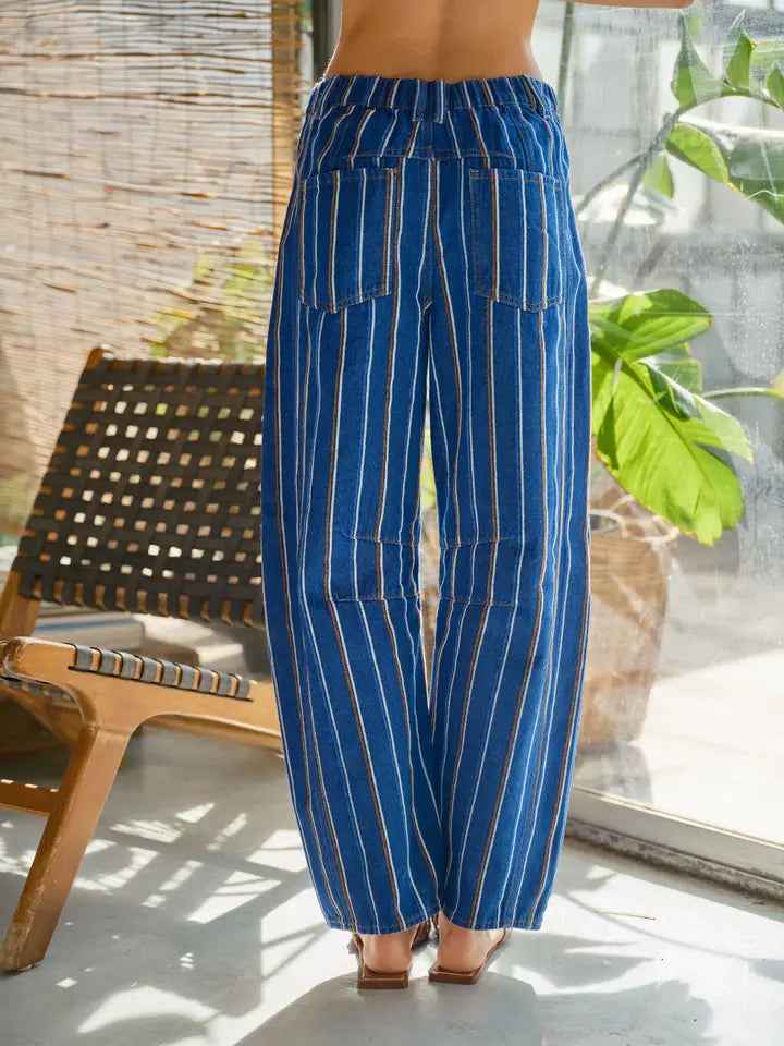 Brushed Stripe Denim Barrel Pants