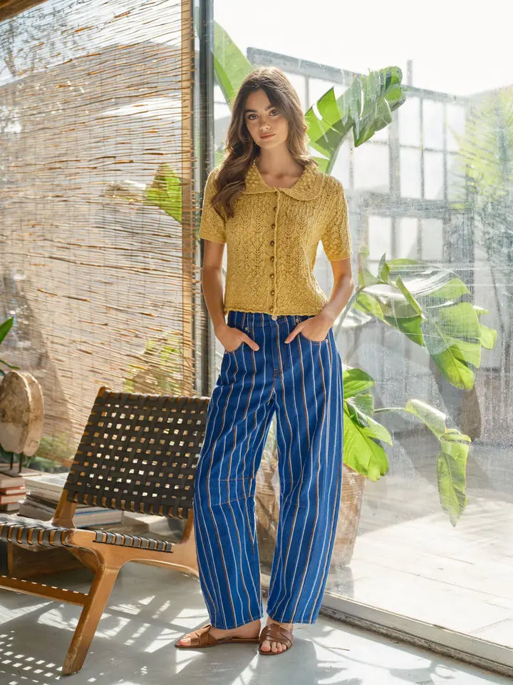 Brushed Stripe Denim Barrel Pants