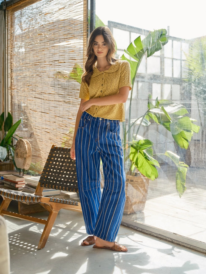 Brushed Stripe Denim Barrel Pants