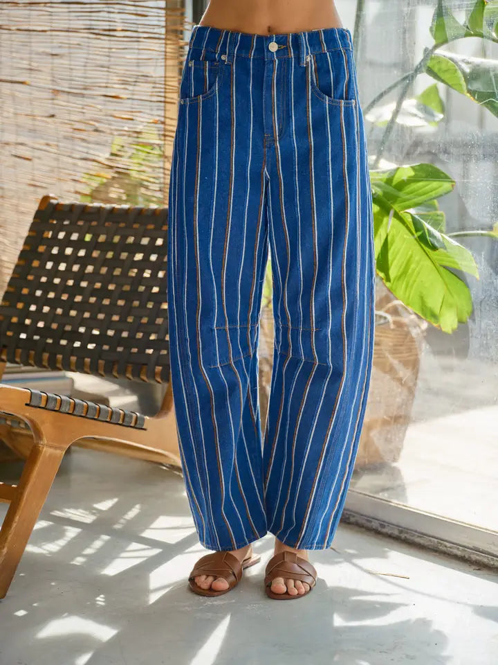 Brushed Stripe Denim Barrel Pants