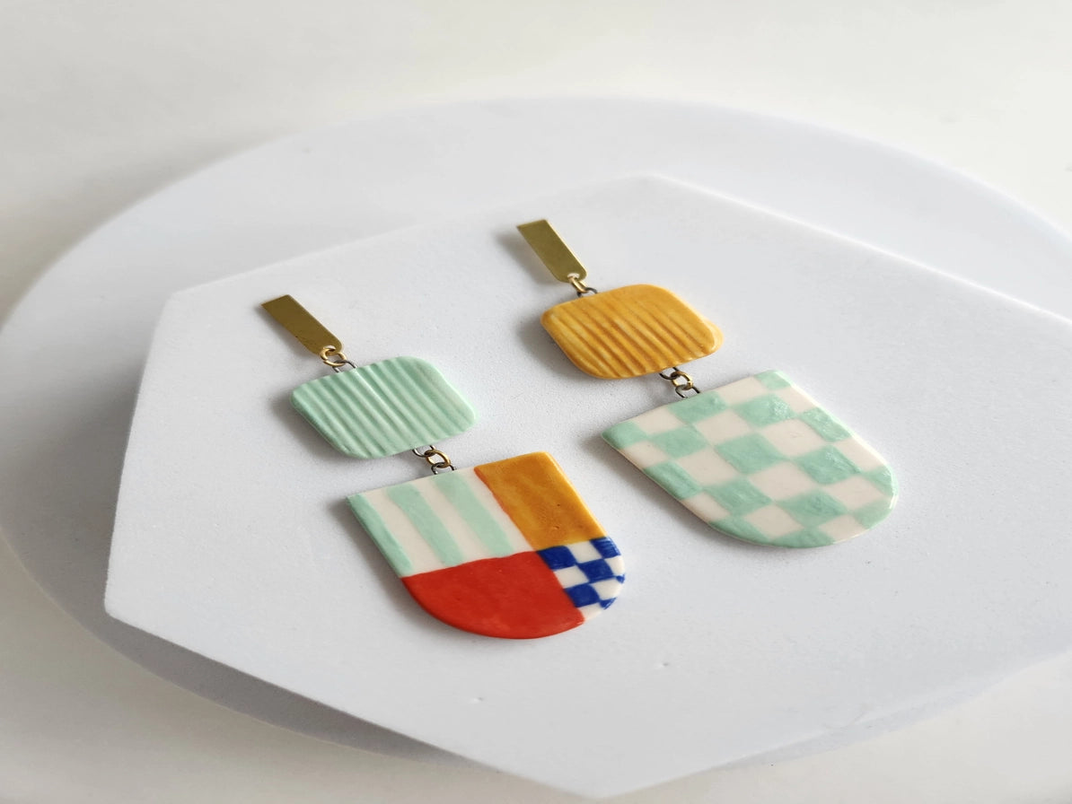 Asymmetrical Color Block Ceramic Earrings