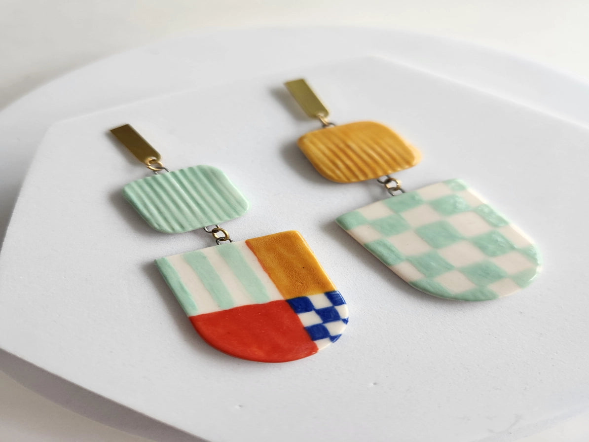 Asymmetrical Color Block Ceramic Earrings