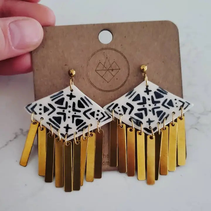 Black and White Diamond Brass Tassel Earrings