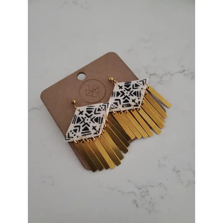 Black and White Diamond Brass Tassel Earrings