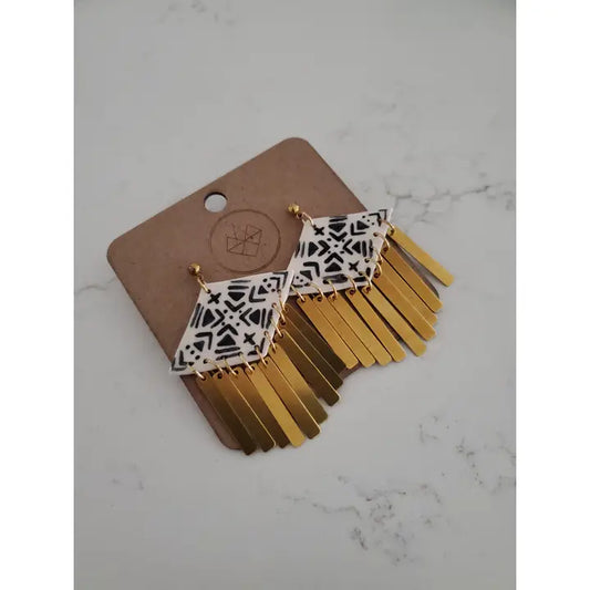 Black and White Diamond Brass Tassel Earrings