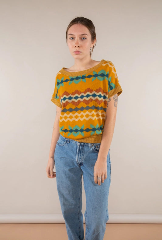 Boat Neck Off Shoulder Print Hacci Top