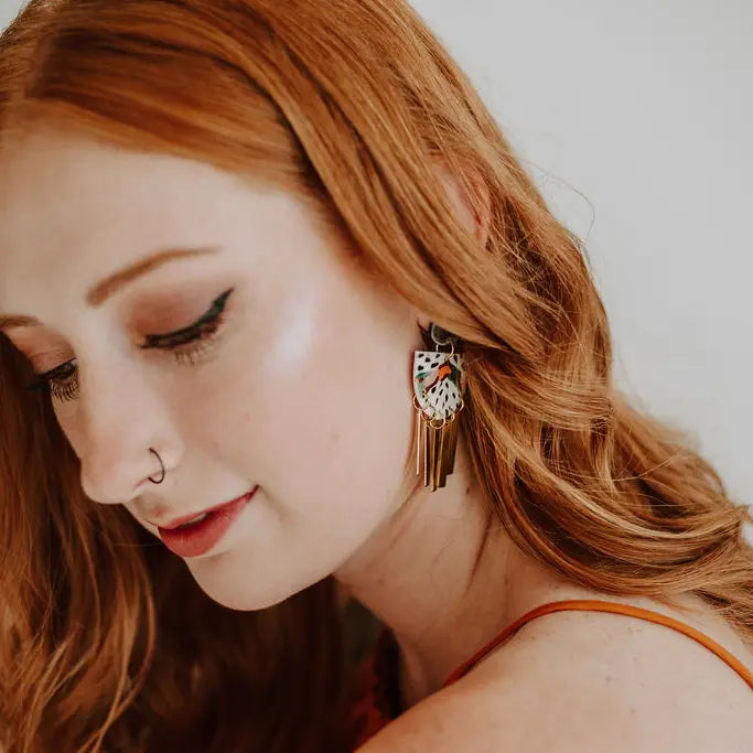 Color Block and Dash Brass Tassel Earrings