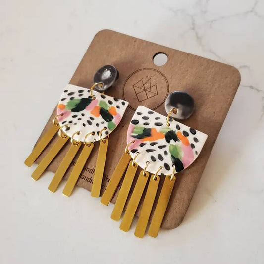 Color Block and Dash Brass Tassel Earrings