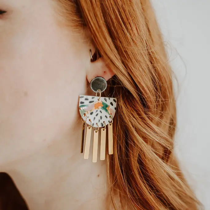 Color Block and Dash Brass Tassel Earrings